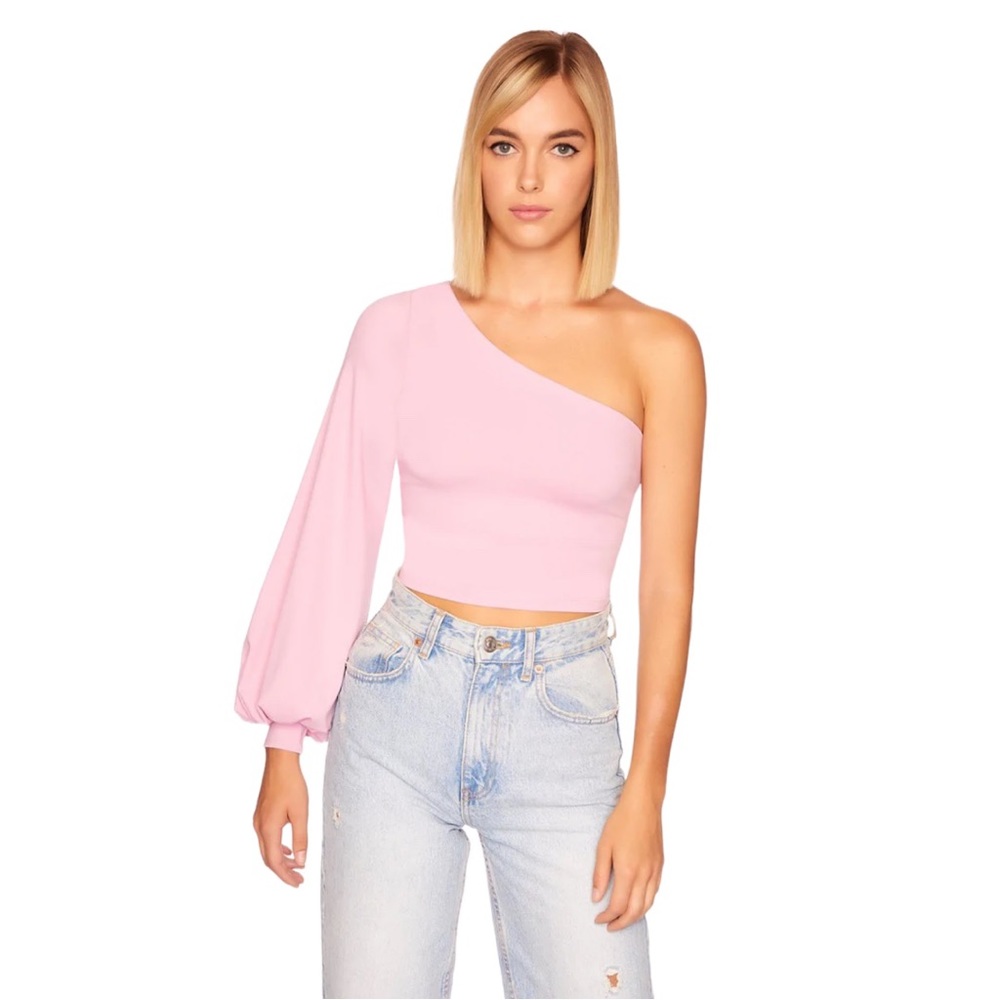 Susana Monaco One Shoulder Long Sleeve Crop Top in Petal Pink (XL)